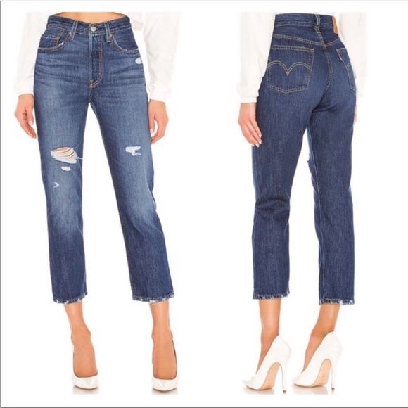 Levi’s 501 Blue Distressed Straight Cropped Denim Jeans‎ Size 27 - Picture 1 of 10